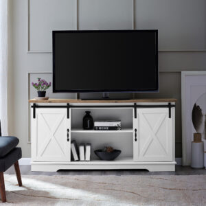 Woven Paths Farmhouse Barn Door TV Stand for TVs up to 80", Grey Wash