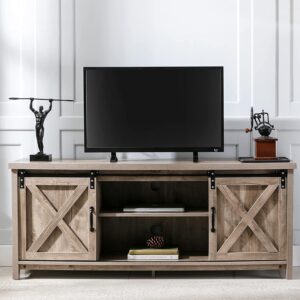 Woven Paths Farmhouse Sliding Barn Door TV Stand for TVs up to 65", White/Reclaimed Barnwood