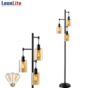 LEONLITE 3-Light Industrial Floor Lamp, Farmhouse Lamps for Living Room, ETL Listed, Adjustable Black Cage with E26 Base, Rustic Standing Tree Lights for Bedroom, Bulbs Included